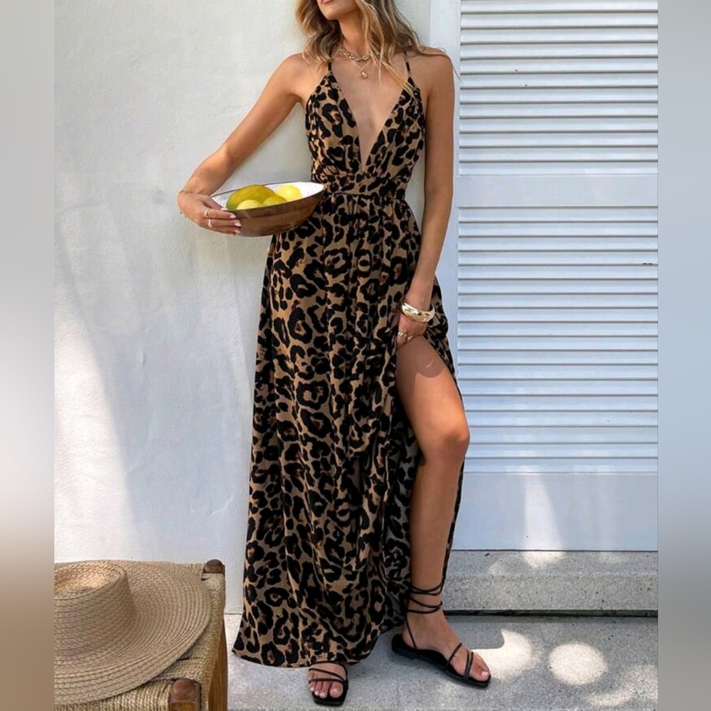 New Flowy Boho Leopard Print Maxi Dress Plunge V Neck Halter Long Black Brown - Picture 2 of 11